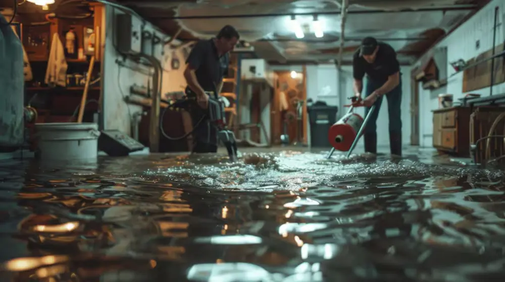 Two workers removing standing water in a basement