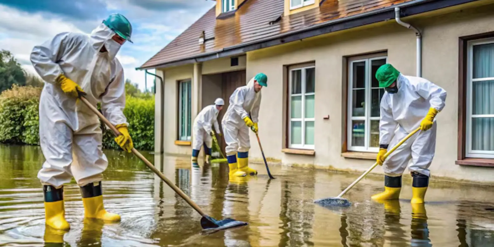 Restoration crew in protective suits cleaning up a flooded house