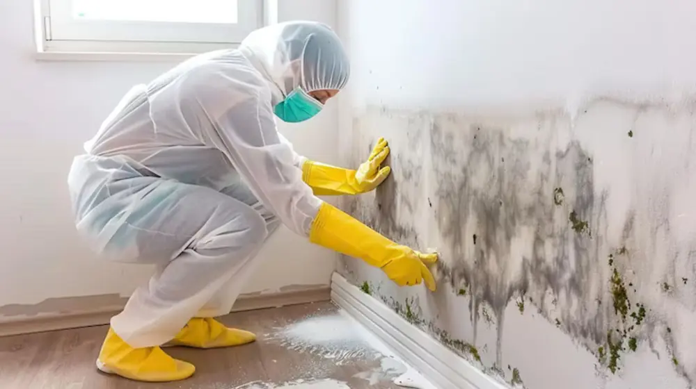 Crew member in protective gear cleaning mold along a baseboard