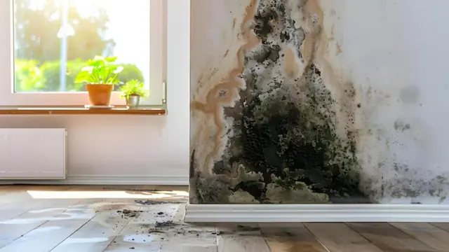 Mold stain on a wall near a window