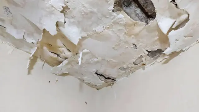 Peeling paint and drywall at a water damaged ceiling corner