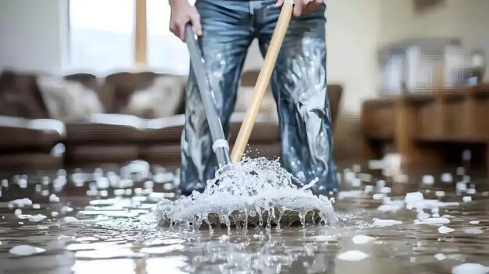 Person mopping a water damaged living room floor
