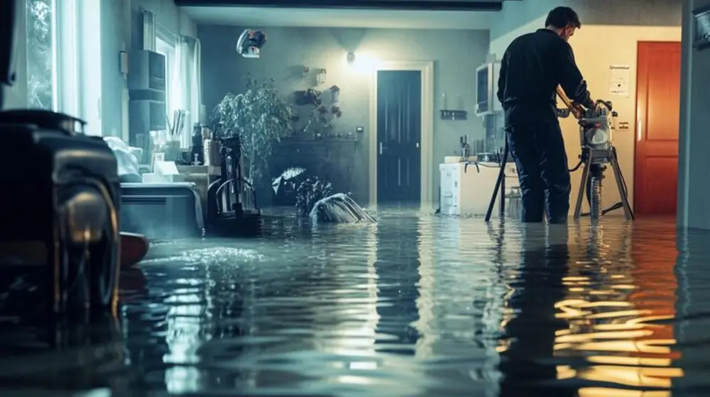 Technician working with equipment in a water affected room